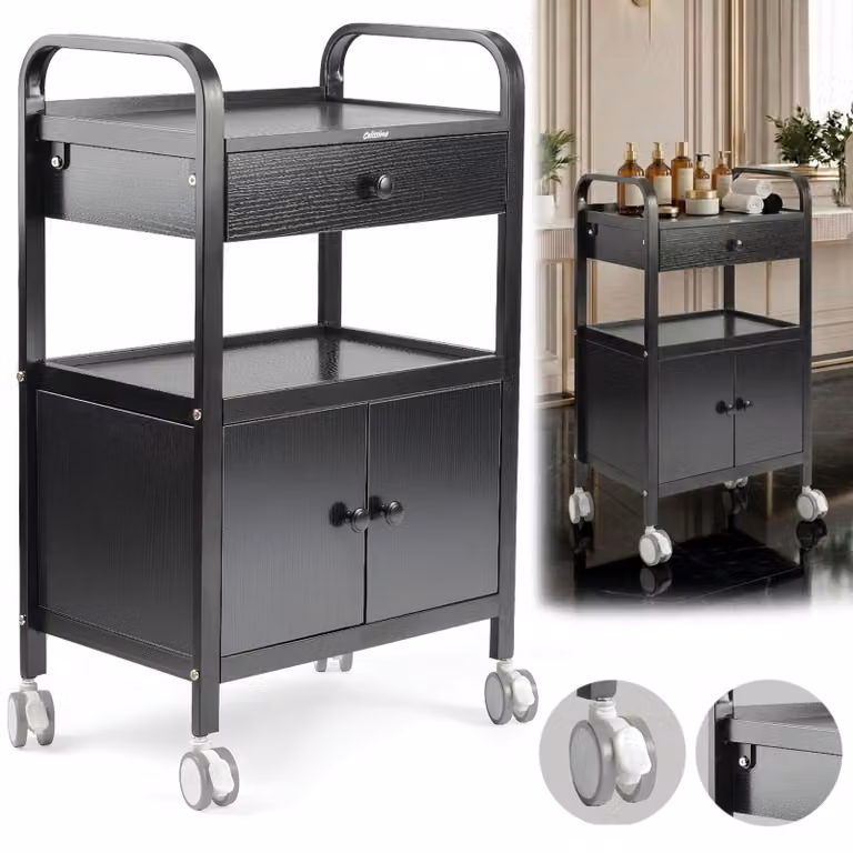 Assistente cosmetico parrucchiere per salone, carrello universale con cassetto su ruote.