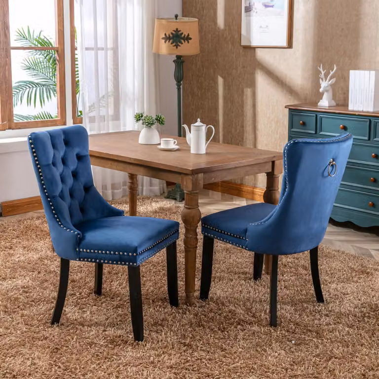 Sedia da pranzo di alta qualità in legno massiccio trapuntato con rivestimento in velluto moderno, gambe in legno e chiodi decorativi, set da 2 pezzi