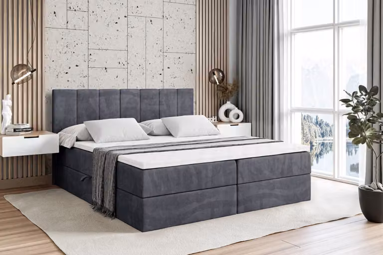 Letto boxspring ALTDECOR MOETI, letto imbottito con testiera e contenitore - Materasso rigido (H4) - 120x200 - Velluto grigio scuro