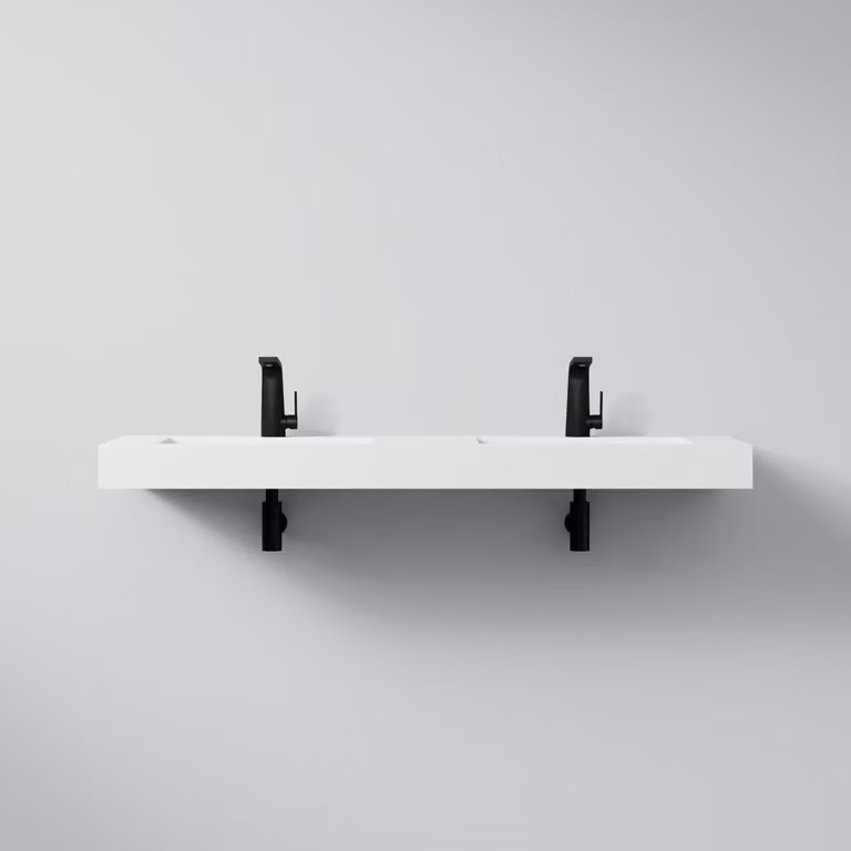 Steinberg Série 444 double lavabo mural, 2 trous pour robinet, sans trop-plein, SOLIDSurface, 1500x460x100mm, blanc mat, 4447200W, 4447200W