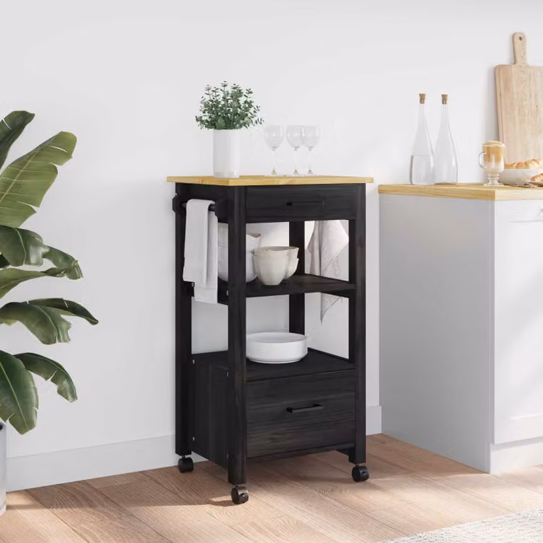 vidaXL Carrello da Cucina MONZA Moderno in Legno di Pino Nero L/P/H: 48 x 40 x 88,5 cm