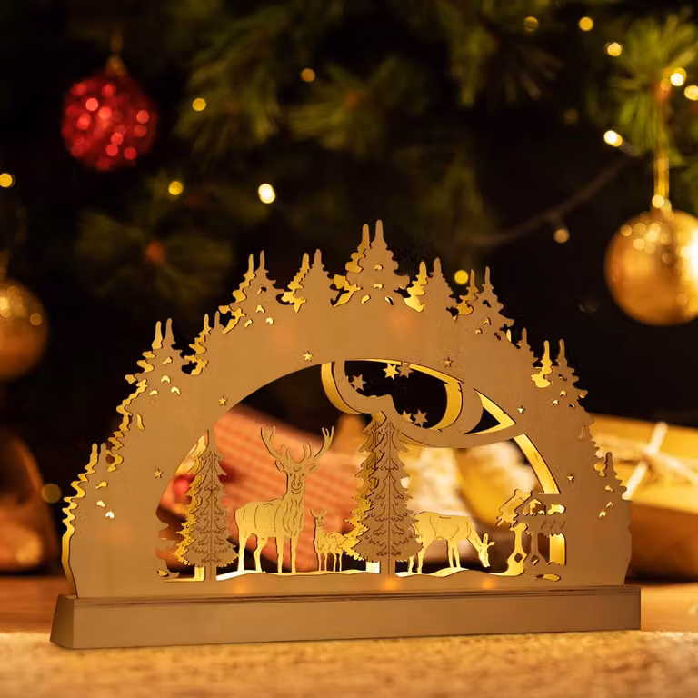 Arco luminoso a LED in legno, con 10 LED bianco caldo, alimentato a batteria
