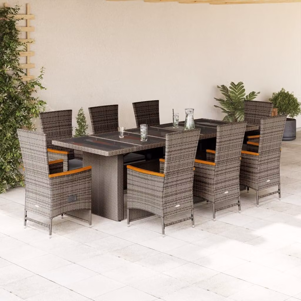 vidaXL Set da Pranzo da Giardino 9 pz in Polyrattan e Legno di Acacia con Piano in Vetro Grigio