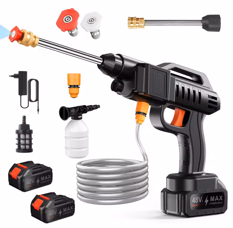 Idropulitrice ad alta pressione senza fili per auto - Pistola a 48V - 1500W - 40-50 bar - Autoadescante - 2 batterie da 12000 mAh - Flacone per schiuma