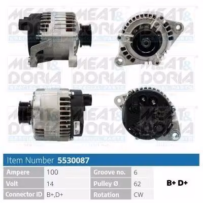 MEAT & DORIA 5530087 Alternatore 100 A 14 V per FIAT PUNTO (176), Strada Pickup (178), Scudo Furgone (220), Scudo Station Wagon (220), PALIO