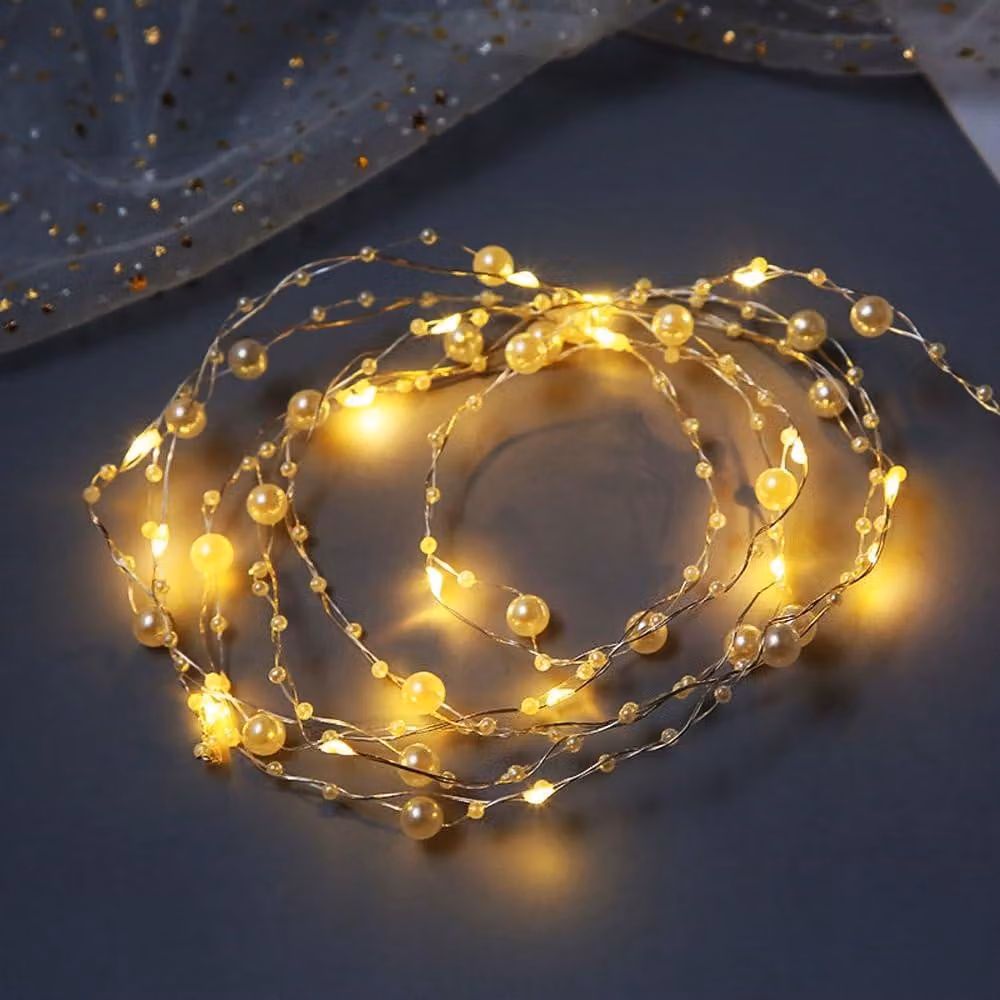 50 luci a LED a forma di perle, alimentate a batteria, lunghezza 5 metri, luce bianco caldo