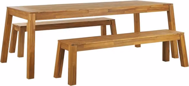 Set da pranzo da giardino Beliani in legno di acacia marrone con tavolo rettangolare e 2 panche design rustico L/P/H: 105 x 68 x 77 cm