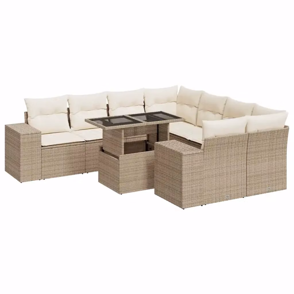 Set Divano da Giardino 9 pz vidaXL in Polyrattan con Cuscini Beige e Bianco per Giardino, Terrazza o Balcone – 2