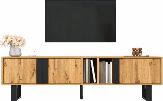 Mobile TV soggiorno, 3 ante singole, 2 vani separati, ripiani aperti, gambe in ferro nero, passacavi, cerniere metalliche ammortizzate