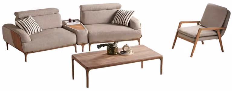 Stilvolle Beige Couchgarnitur Designer 2-Sitzer Ablagetisch Sessel