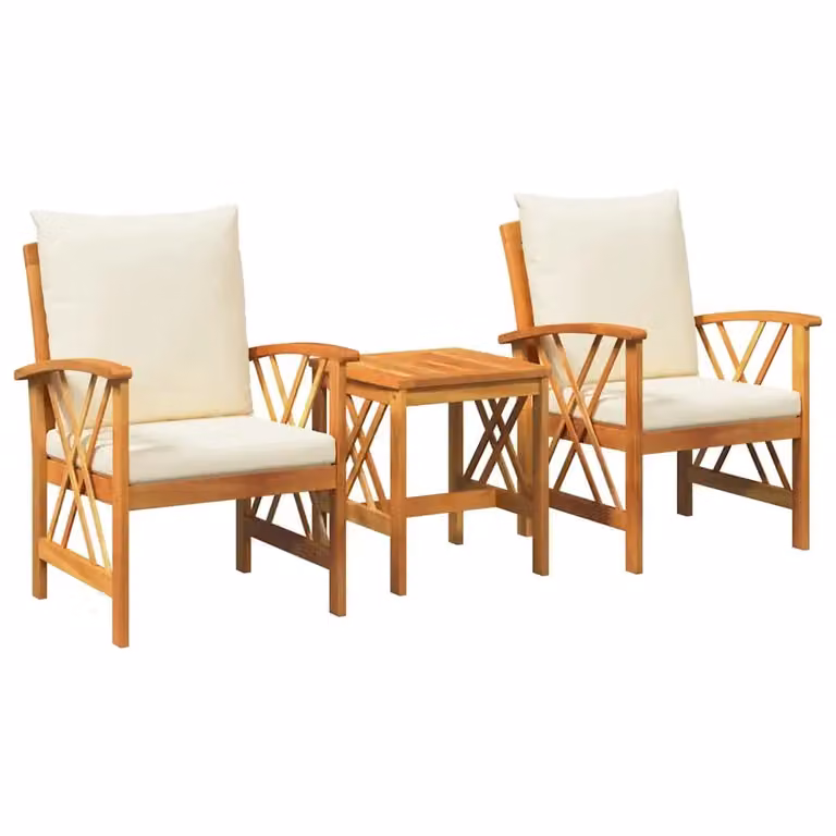 Set Divano da Giardino 3 Pezzi vidaXL in Legno di Acacia con Finitura Olio Naturale, Colore Marrone e Bianco