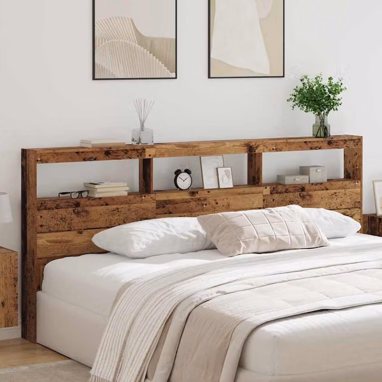 Testiera per letto moderna vidaXL in legno ingegnerizzato marrone con illuminazione integrata, porta di ricarica USB e mensola portaoggetti, L: 220 cm, H: 102 cm, P: 26 cm