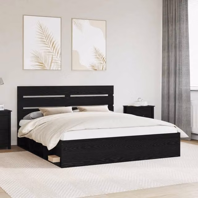 Struttura del letto-Giroletto Nero 200 x 200 cm Pino massello 624991