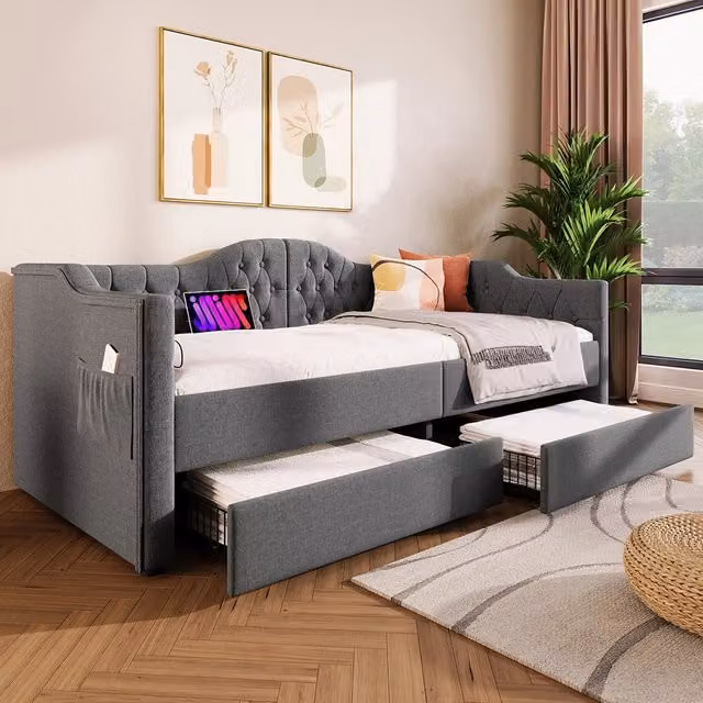 Letto con cassetti e USB-C - Xylo - 90x200 cm - Grigio - Divano letto