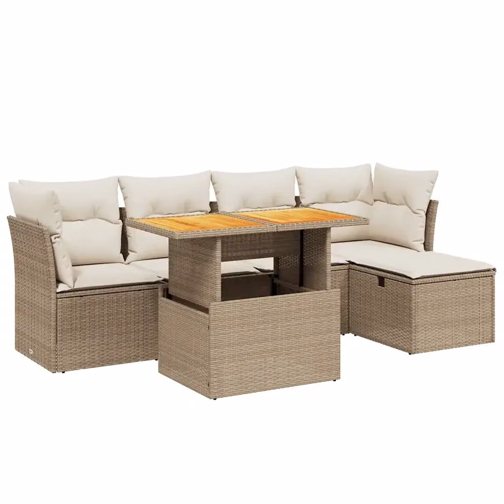 Set Divano da Giardino L-Shape vidaXL in Polyrattan con Cuscini Beige e Tavolino, 6 Pezzi – 2