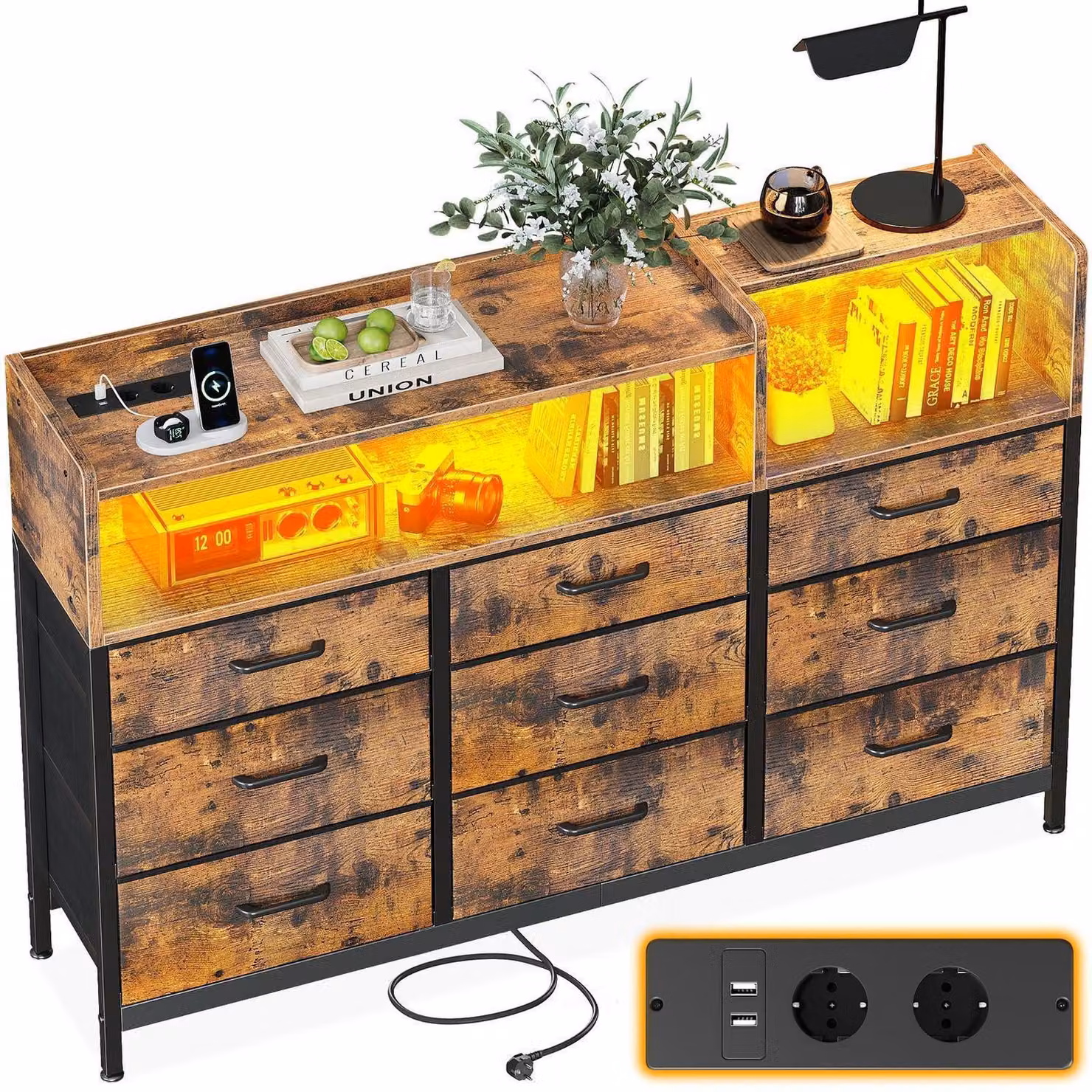 Comodino con 9 cassetti rivestiti in tessuto, 2 prese di corrente, 2 porte USB, striscia LED a 10 colori, dimensioni 130x30x97 cm, stile retrò