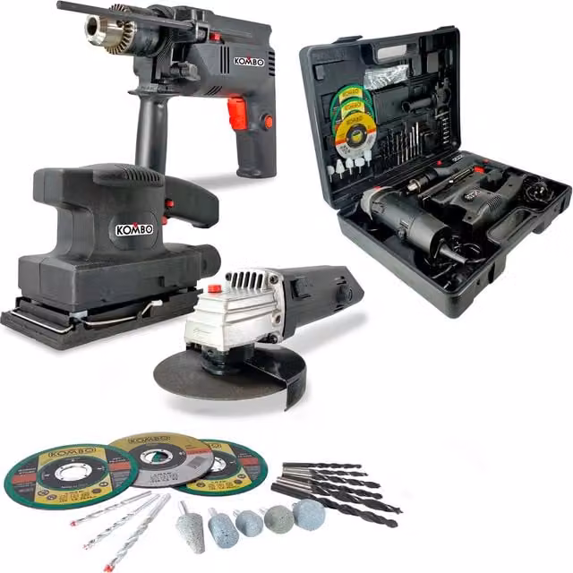 Set Kombo con Avvitatore, Smerigliatrice e Levigatrice da 500W, Colore Nero, con Valigetta e 50 Accessori