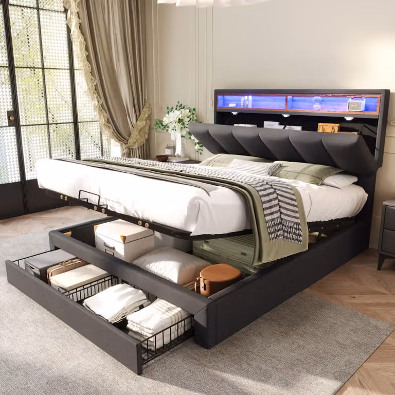 Letto imbottito Flieks 140x200cm con cassetto, letto a molle con contenitore e rete a doghe, letto matrimoniale con testata a led e contenitore, letto contenitore per ragazzi