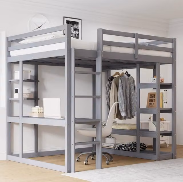 Letto a soppalco Beaok in legno grigio con scrivania, armadio e ripiani L/P: 200 x 140 cm, H: 205 cm