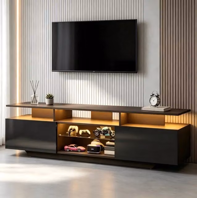 Mobile porta TV 160 x 40 x 45 cm con LED via app; 2 vani chiusi; MDF; nero