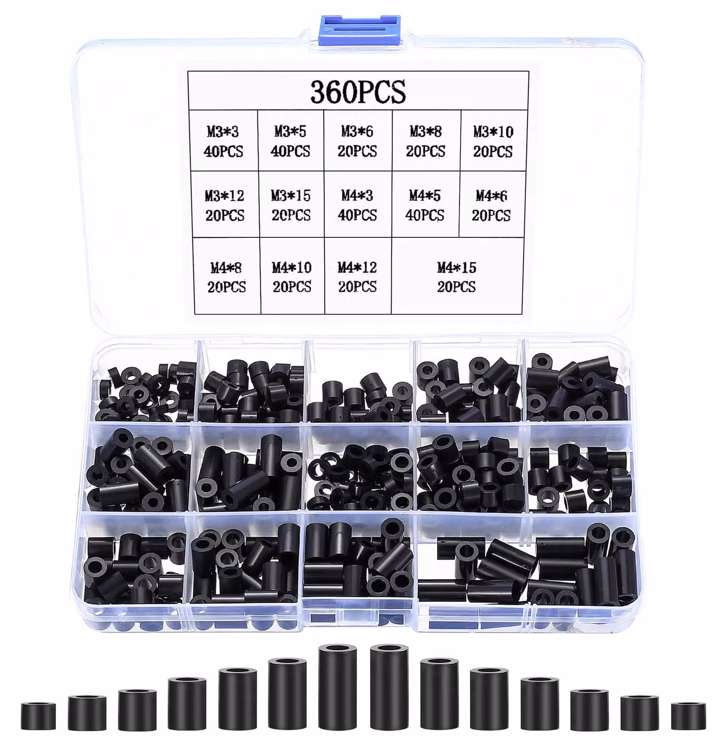 Set di distanziatori, 360 pezzi, in nylon ABS, filettatura M3/M4, 14 dimensioni