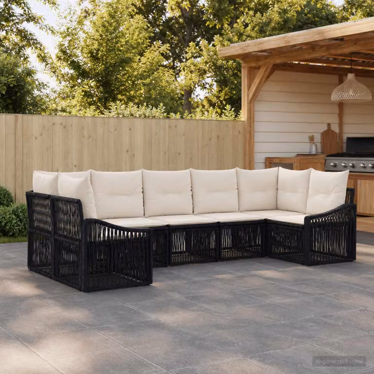 Set Divano da Giardino vidaXL a 7 posti in Polyrattan Nero con Cuscini e Struttura in Acciaio