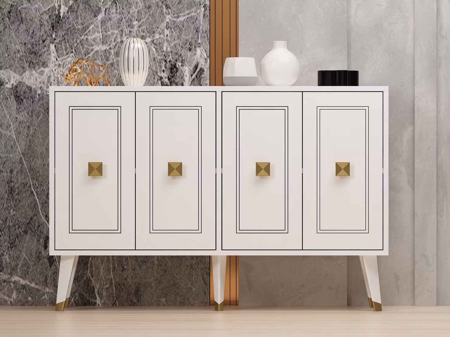 Skye Decor, Hartın - Bianco, Oro, Consolle, Bianco, 100% PANNELLI DI PARTICELLE RIVESTITI IN MELAMMINA, 120 x 30 x 80 cm