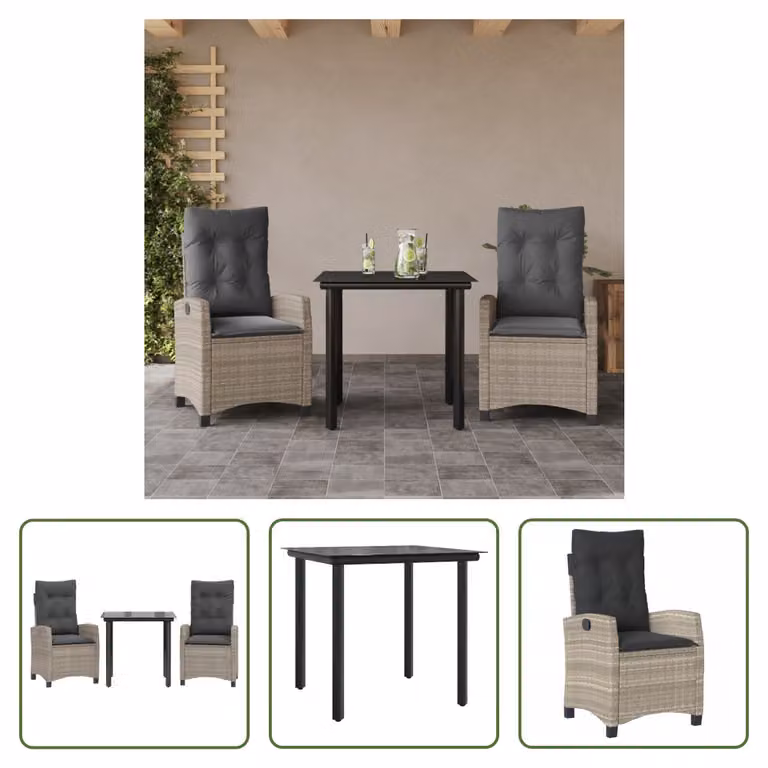 The Living Store Set da pranzo da giardino 3 pezzi con cuscini in rattan grigio chiaro