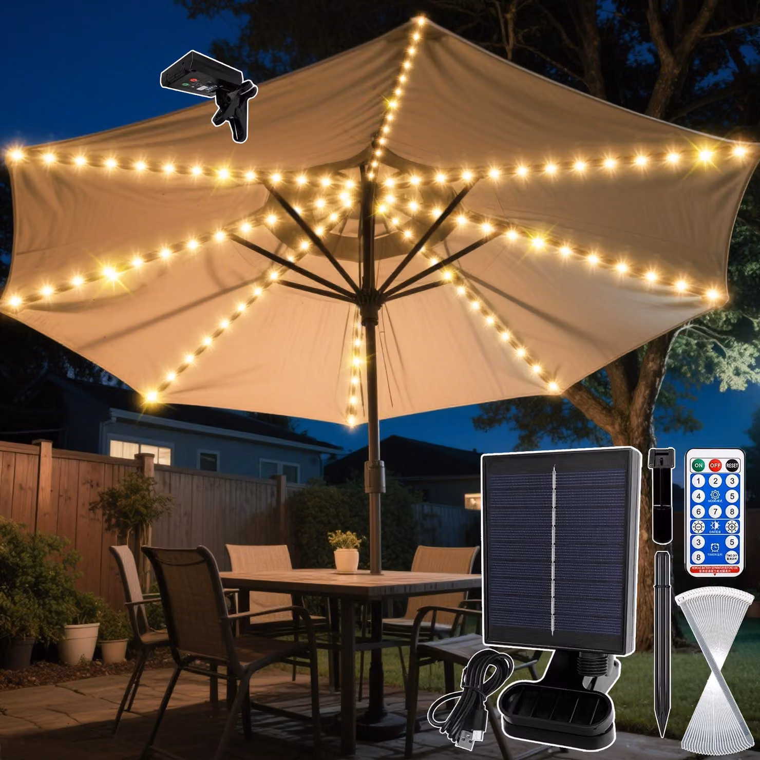 Lampada da esterno solare, con 104 LED, telecomando, grado di protezione IP67, 8 livelli di luminosità