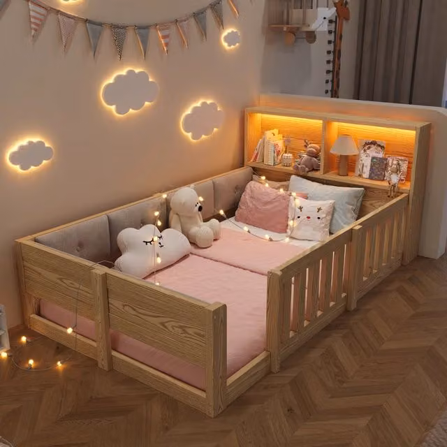 Letto singolo con sponde e luci LED ¨C Minimal ¨C 90x200 cm legno naturale imbottito