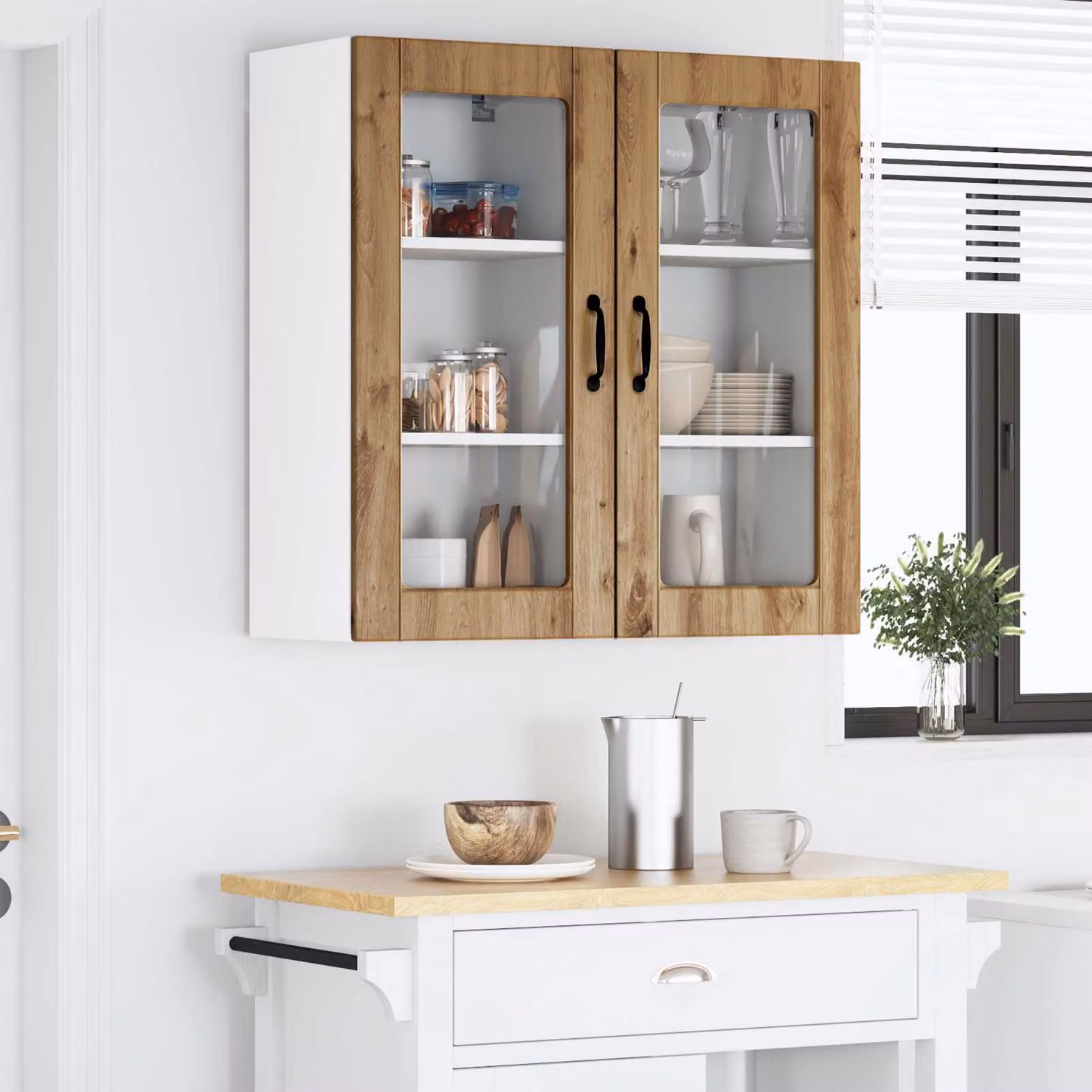 Set di 2 mobili da parete LUCCA vidaXL in Rovere Artigianale con ante in vetro e ripiani interni, L/P/H: 80 x 31 x 40 cm