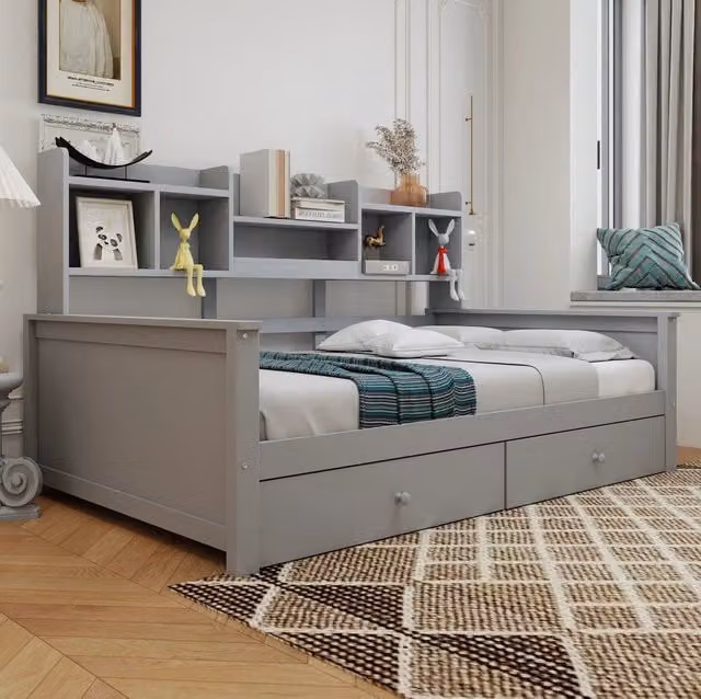 Divano letto singolo 90x200 cm in legno con 2 cassetti e vani laterali; grigio