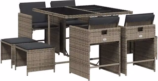 Set da Pranzo da Giardino 9 pz in Polyrattan Grigio e Nero con Piano in Vetro – 1
