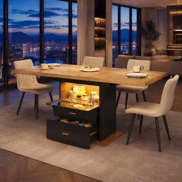 Tavolo da pranzo allungabile 110-140 x 80 cm in MDF con LED e 2 cassetti