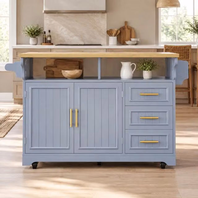 Desviae Carrello da cucina con 3 cassetti ripiani regolabili e piani pieghevoli in MDF blu su ruote con portasciugamani