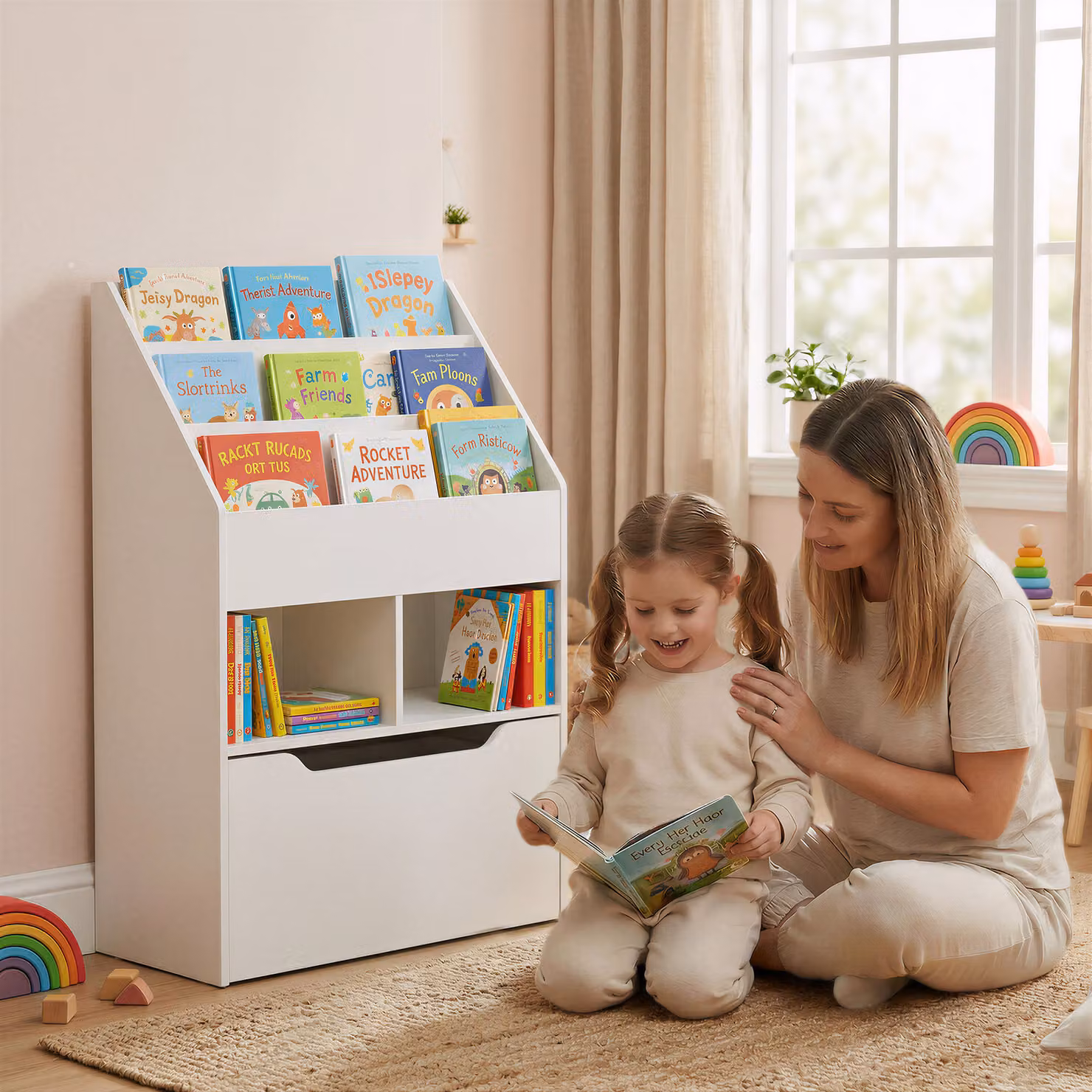 Piccola libreria per bambini HOMCOM con ripiani e cassetto in MDF, Bianco, L: 60 cm, P: 29.9 cm, H: 90 cm – 2