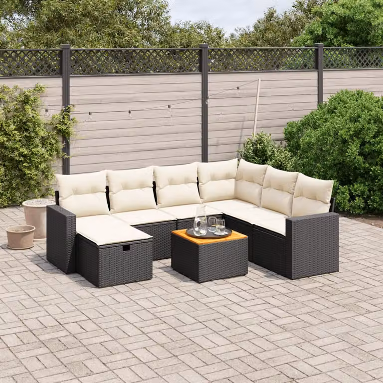 Set di divani da giardino vidaXL a forma di L con 8 pezzi, colore nero e bianco, in polyrattan con cuscini inclusi e struttura in acciaio verniciato a polvere