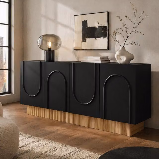 Credenza sideboard a 4 ante 160x38x75 cm in pannello truciolare Nero/legno