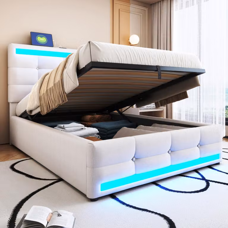 Letto imbottito Merax 90x200 con contenitore idraulico, letto matrimoniale con USB e striscia luminosa a LED, testata regolabile in altezza, tessuto di lino, beige
