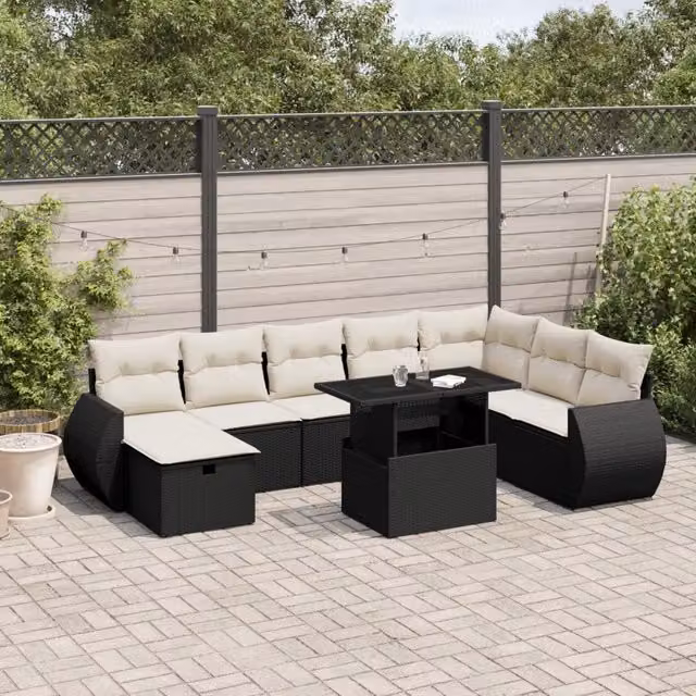 Set Divani da Giardino 9 pz con Cuscini Nero in Polyrattan 3275186
