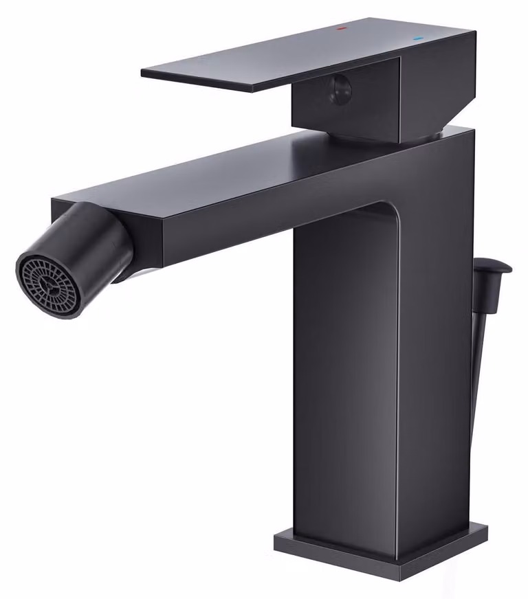 Miscelatore per bidet, modello angolare, colore nero, con asta di comando, realizzato in ottone, dotato di bocchetta regolabile con giunto sferico