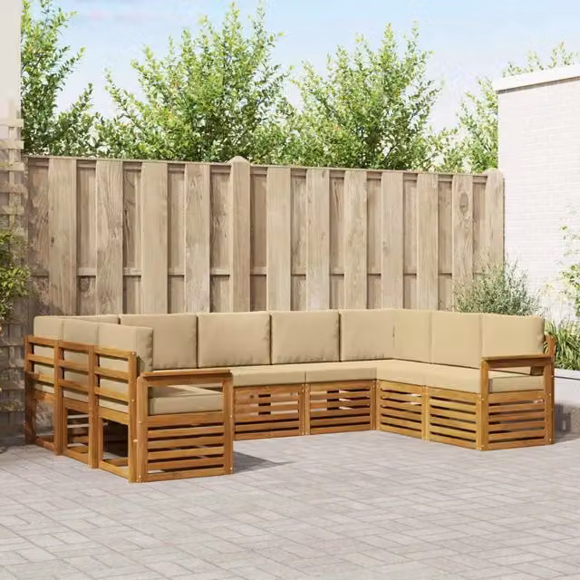 Set di divani da esterno vidaXL a forma di L in legno di acacia con cuscini, colore beige e sabbia, 9 pezzi – 1