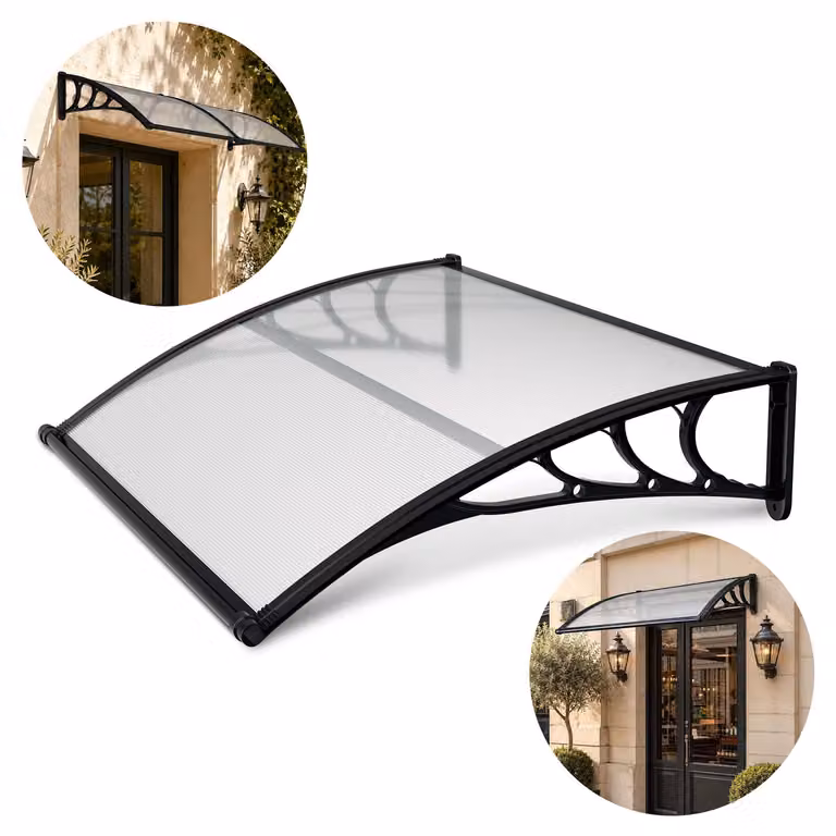 Tettoia per porta d'ingresso Ikodm con grondaia, 150 x 100 cm, realizzata in policarbonato, colore nero/trasparente, adatta per porte e finestre