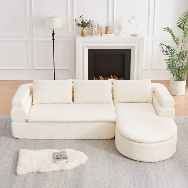 Divano angolare MIVRAY con chaise longue beige in tessuto moderno con cuscini inclusi