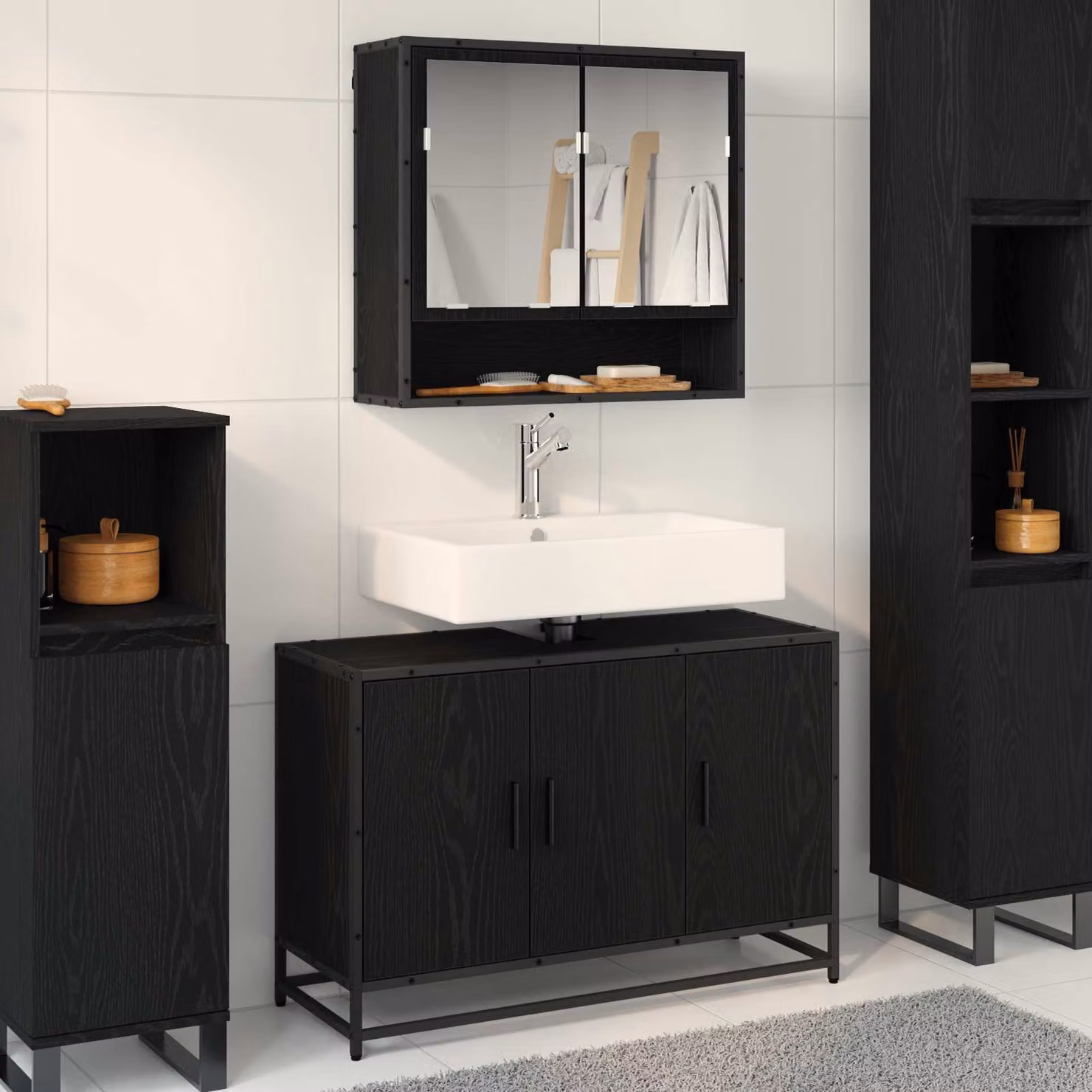 Set di mobili per il bagno vidaXL composto da mobile sottolavabo e pensile con specchio, colore nero opaco, L 90 x P 33 x H 60 cm – 1