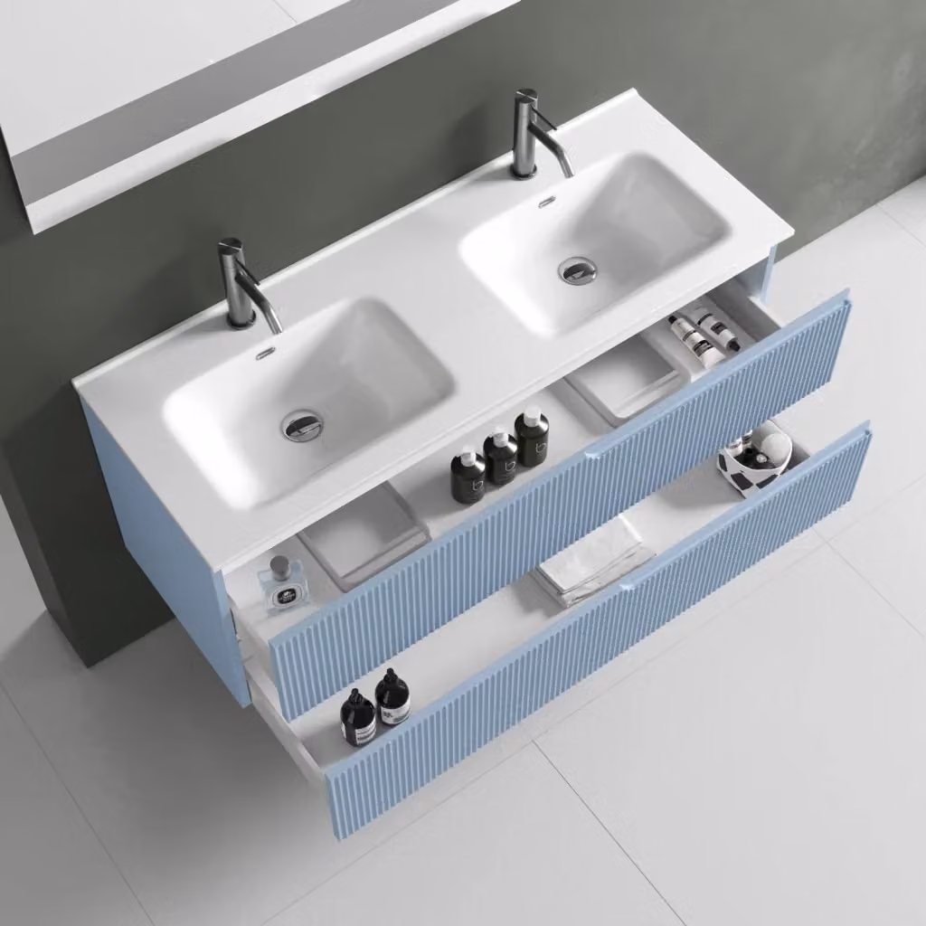 Composizione bagno Venere AQA DESIGN a 5 pezzi con doppia vasca, colore azzurro tiffany, L: 120 cm, P: 45 cm, H: 190 cm – 2