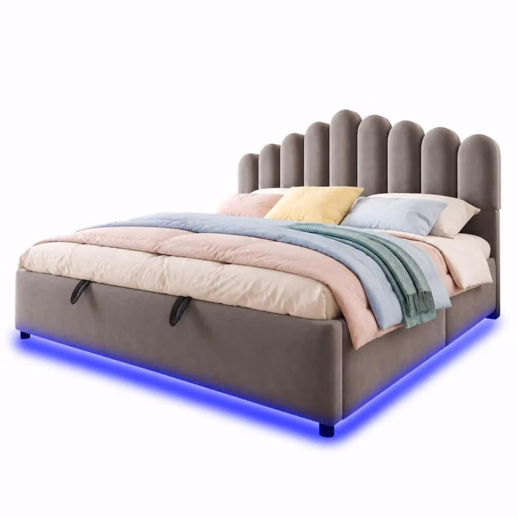 Letto contenitore matrimoniale moderno in velluto grigio con testiera imbottita e illuminazione LED, L/P/H: 180 x 200 x 185,5 cm – 2