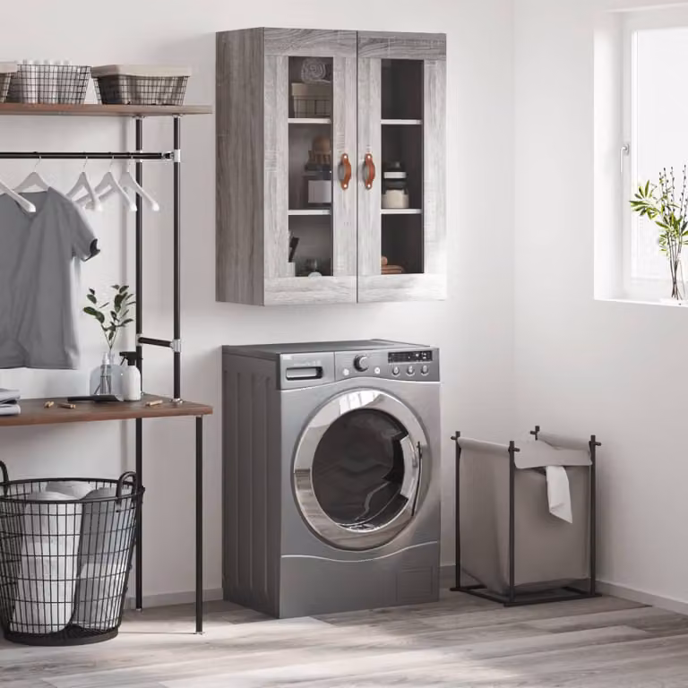 Mobile a parete vidaXL moderno in legno e vetro con ante in vetro, Grigio, L: 69,5 cm, P: 34 cm, H: 90 cm