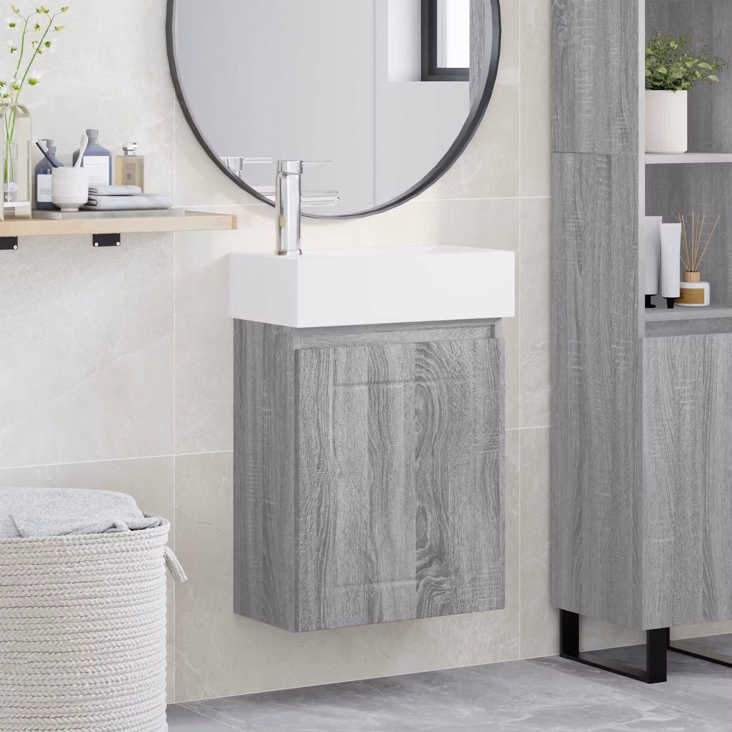 Mobile bagno moderno vidaXL con rubinetto in finitura Sonoma grigio, L: 45,5 cm, P: 25,5 cm, H: 84 cm