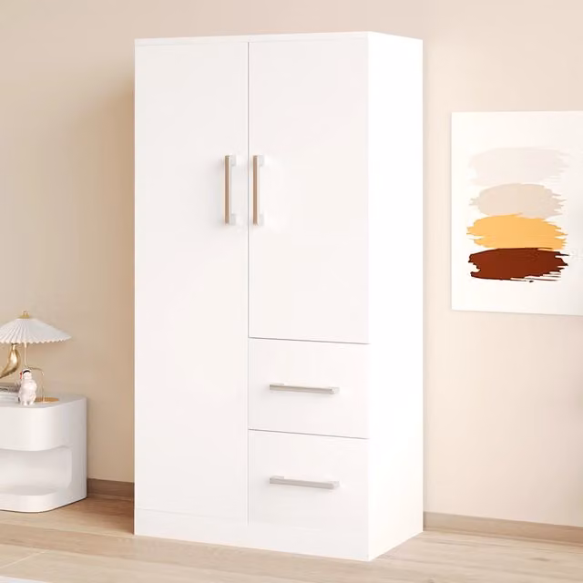 Armadio con 2 ante e 2 cassetti, vano contenitore, per camera da letto, bambini e ragazzi, in legno, bianco, 70 × 40 × 135 cm